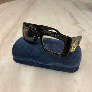 Gucci Glossy Black Rectangle Logo Sunglass frames  with Gold Hardware